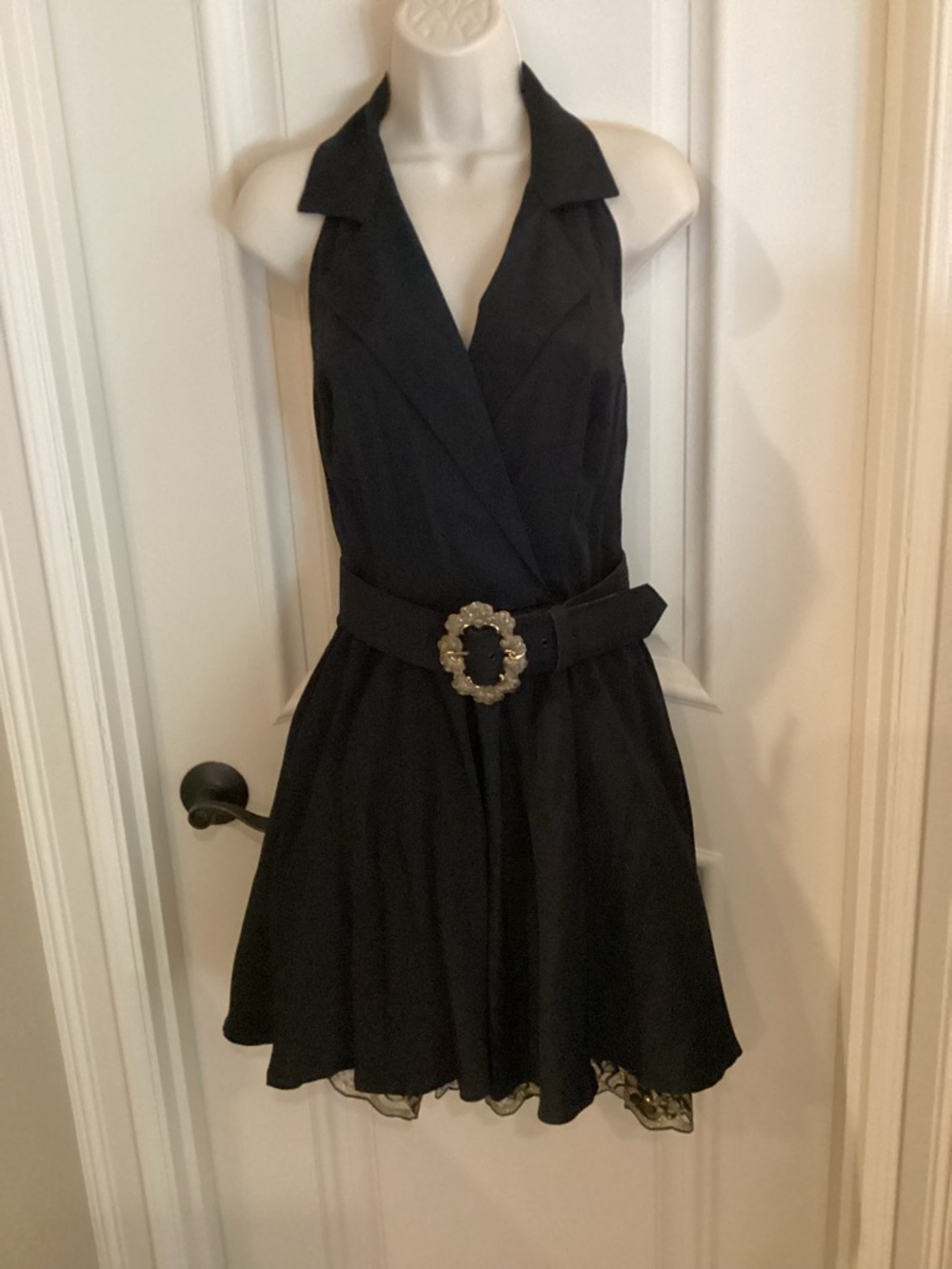 Vintage All That Jazz Black Halter Fit-and-Flare Dress with Decorative Buckle.